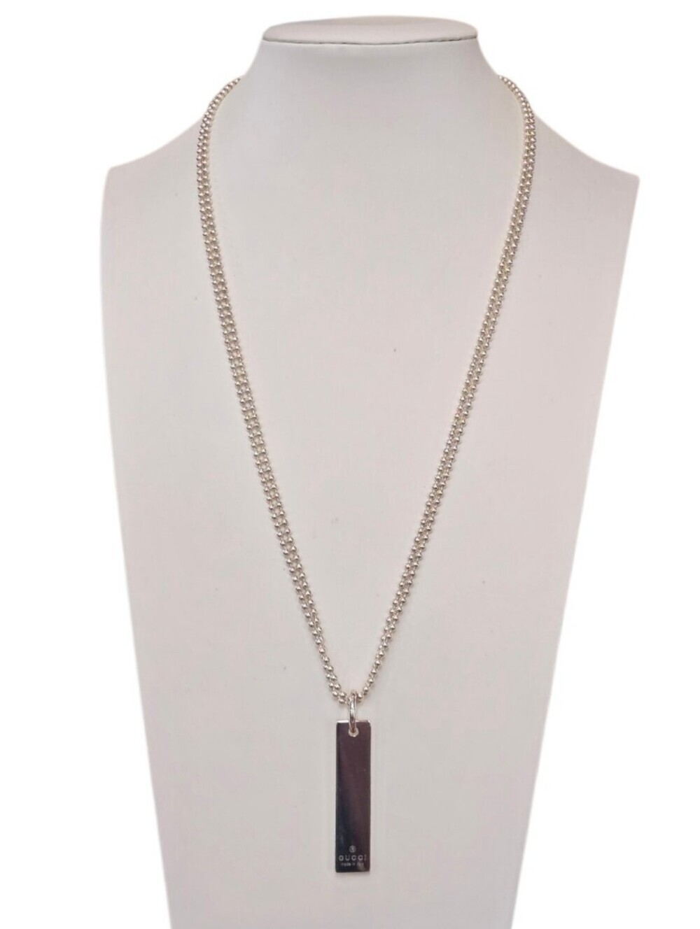 Gucci Dog Tag Pendant Sterling Silver Double Bead Chain Necklace